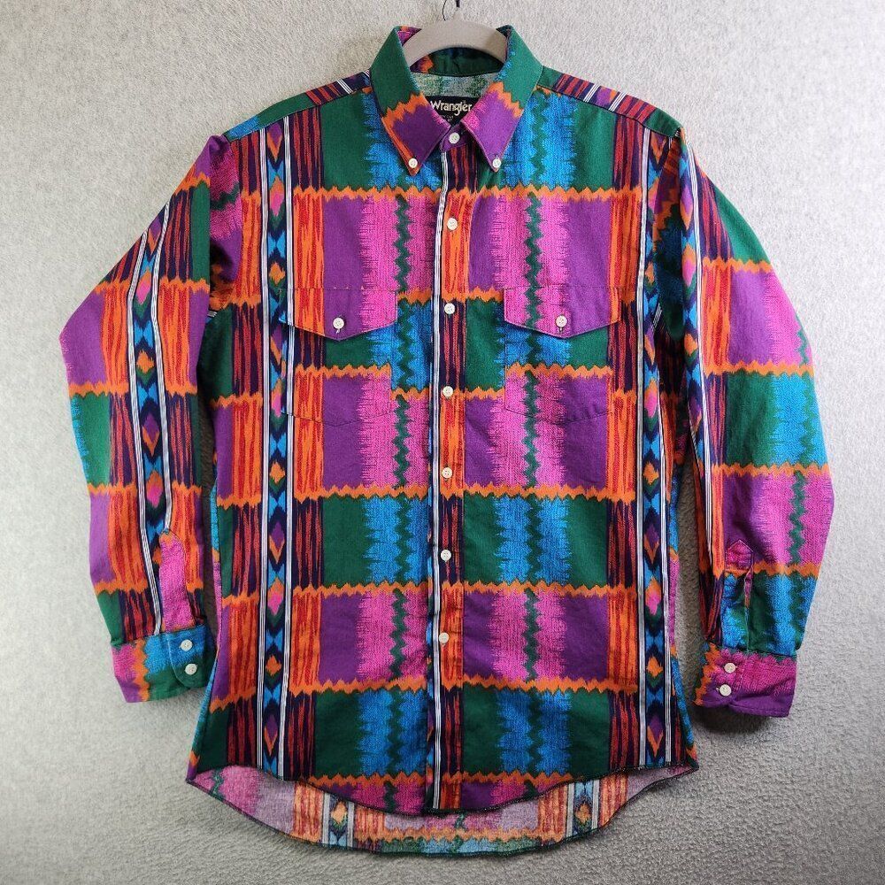 Vintage Wrangler Shirt Mens 15.5 34 Cowboy Cut X-Long Tails Patchwork Aztec